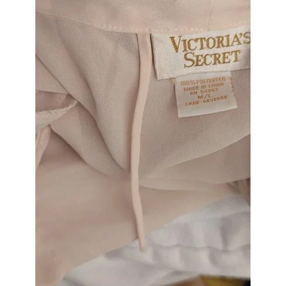 1980's Victoria Secret Sheer Beige Long Robe With Tie Waist & Pocket Detail